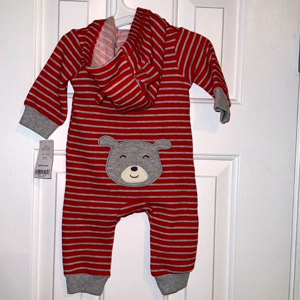 Carter’s red & gray striped hoodie, fleece jumpsuit has long sleeves w/dog face